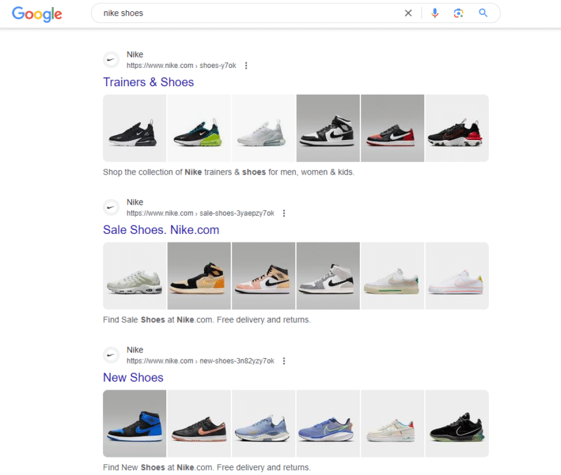 Google screenshot of the commercial query "Nike shoes".