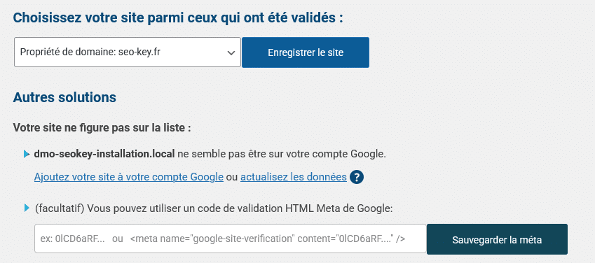 Sélection et ajout d'un site dans la Search Console de Google et SEOKEY